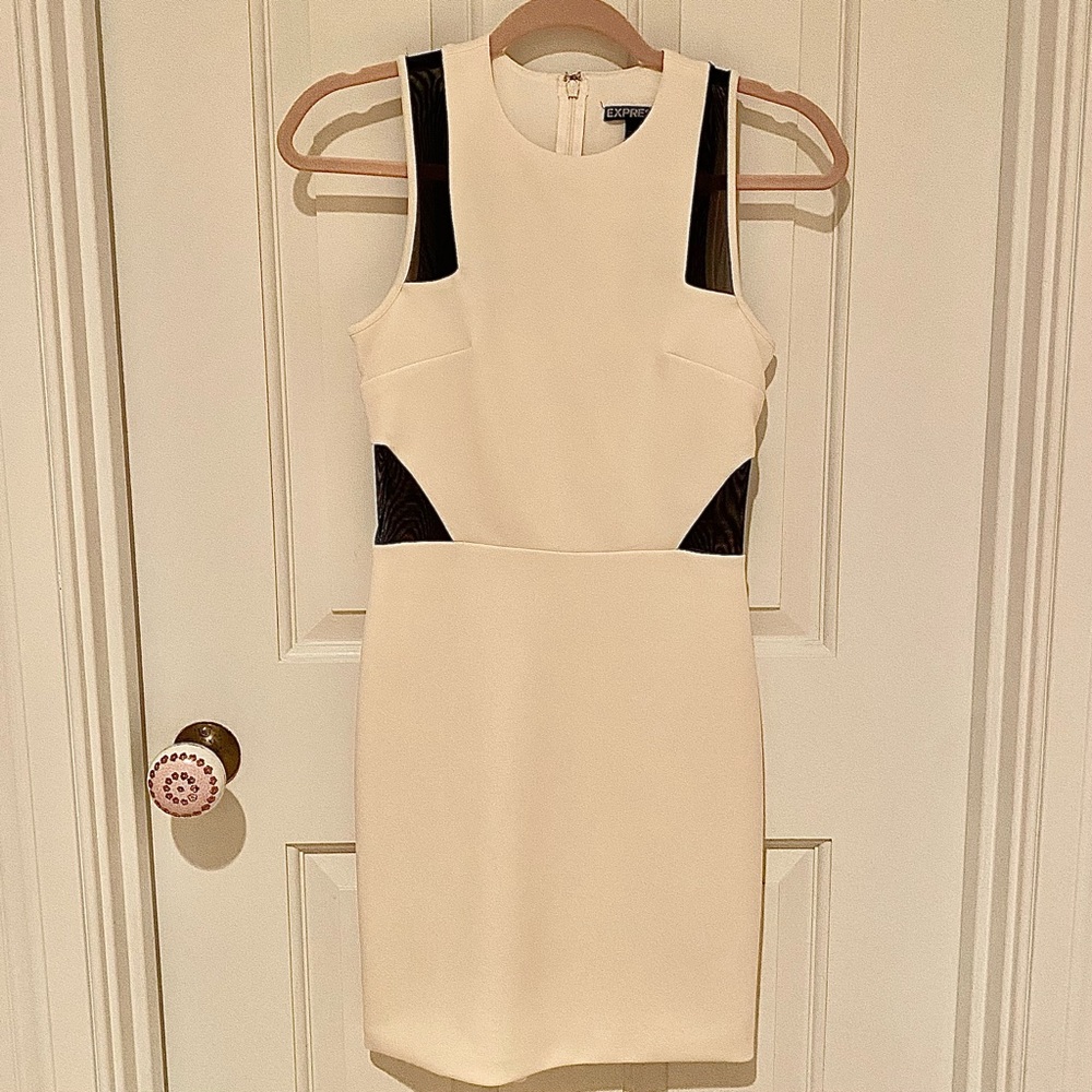 Express White Dress with Black Mesh Cutouts